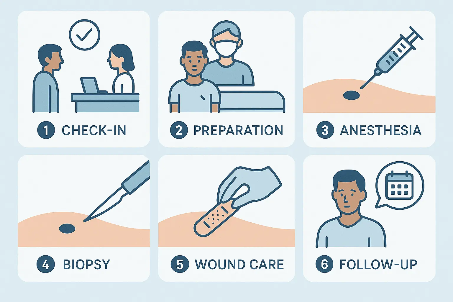 1024x1024 square format step-by-step visual guide showing the mole biopsy process from arrival to completion. Include 6 numbered steps with 