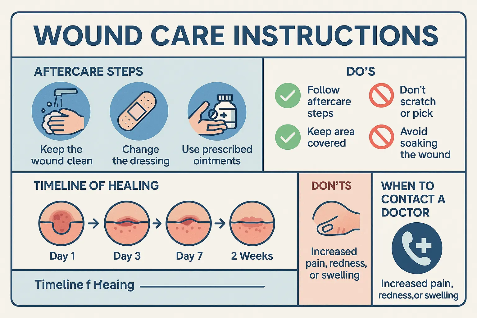1536x1024 landscape format wound care instruction infographic showing proper aftercare steps. Include visual timeline of healing process, do