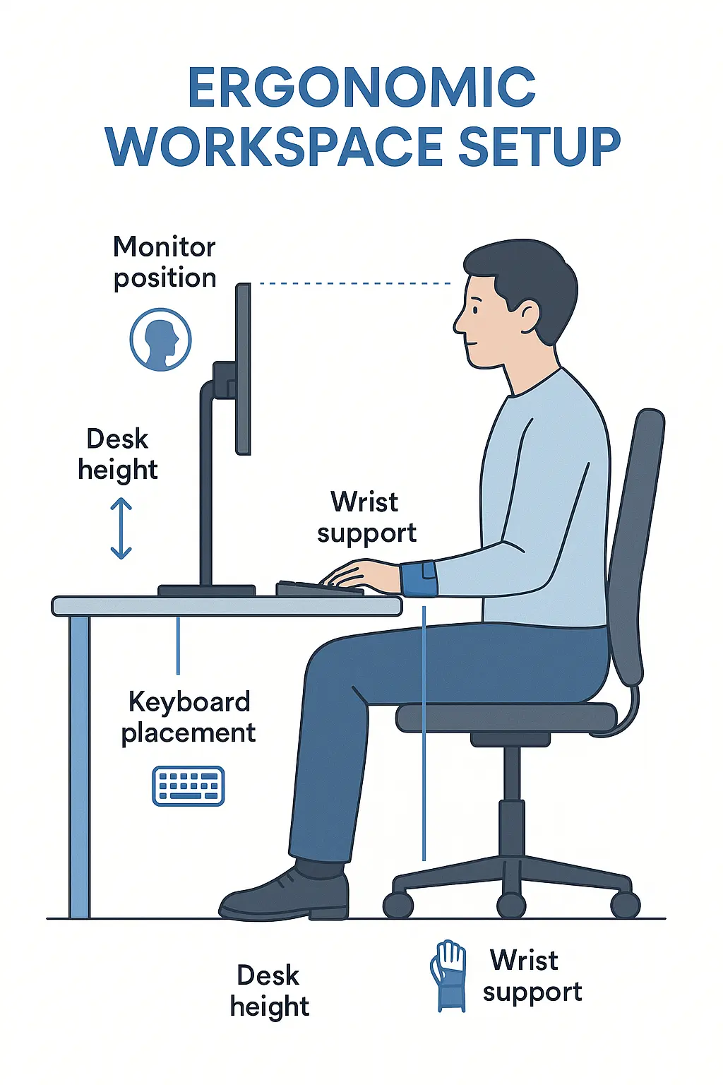 Ergonomic workspace setup illustration showing proper desk h