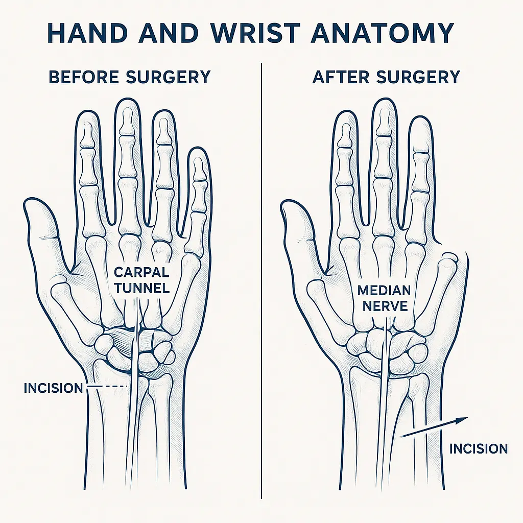 Hand and wrist anatomy diagram showing the carpal tunnel, me