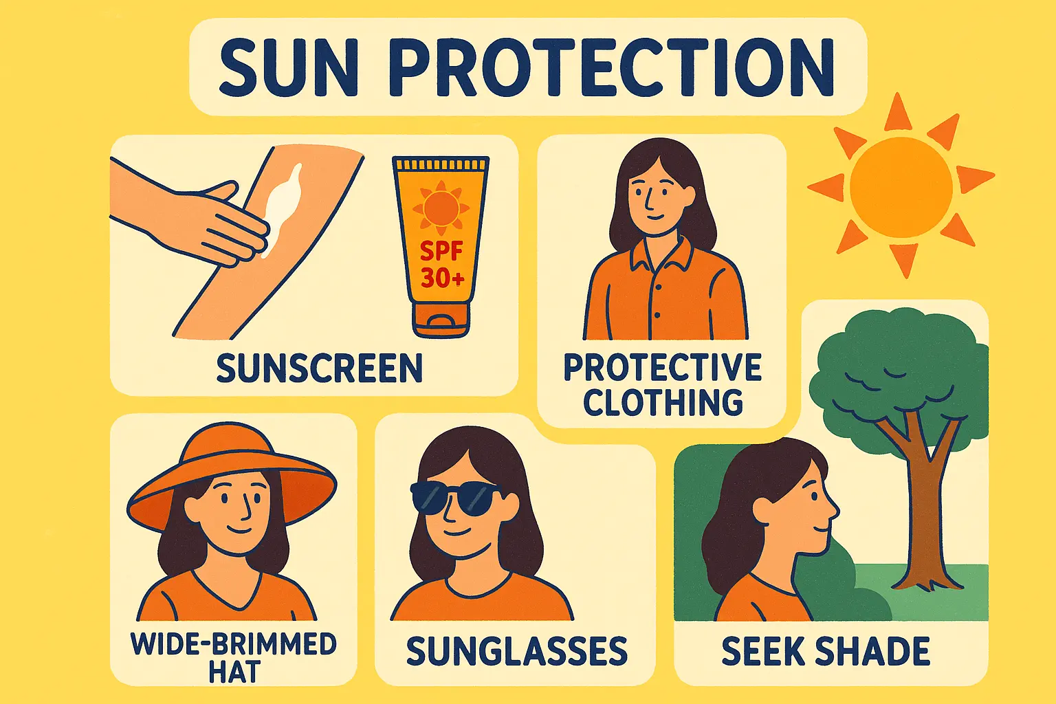 Create a square 1024x1024 sun protection infographic showing