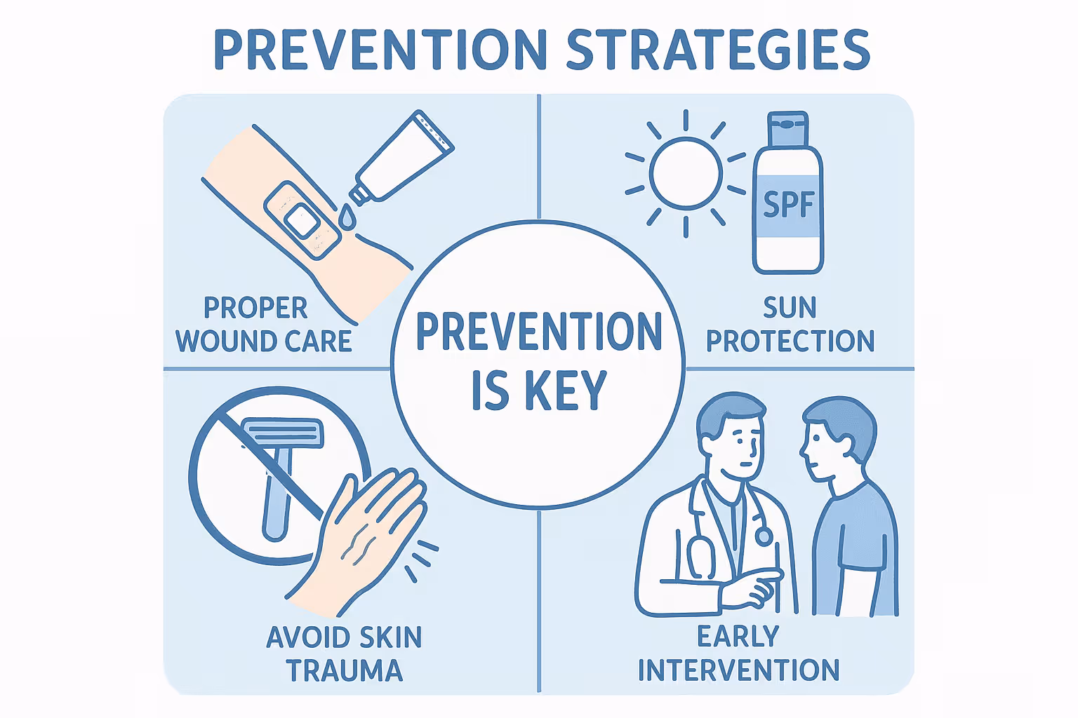 Visual guide in 1024x1024 square format showing "Prevention Strategies" with four illustrated sections in quadrants: top-left shows proper w