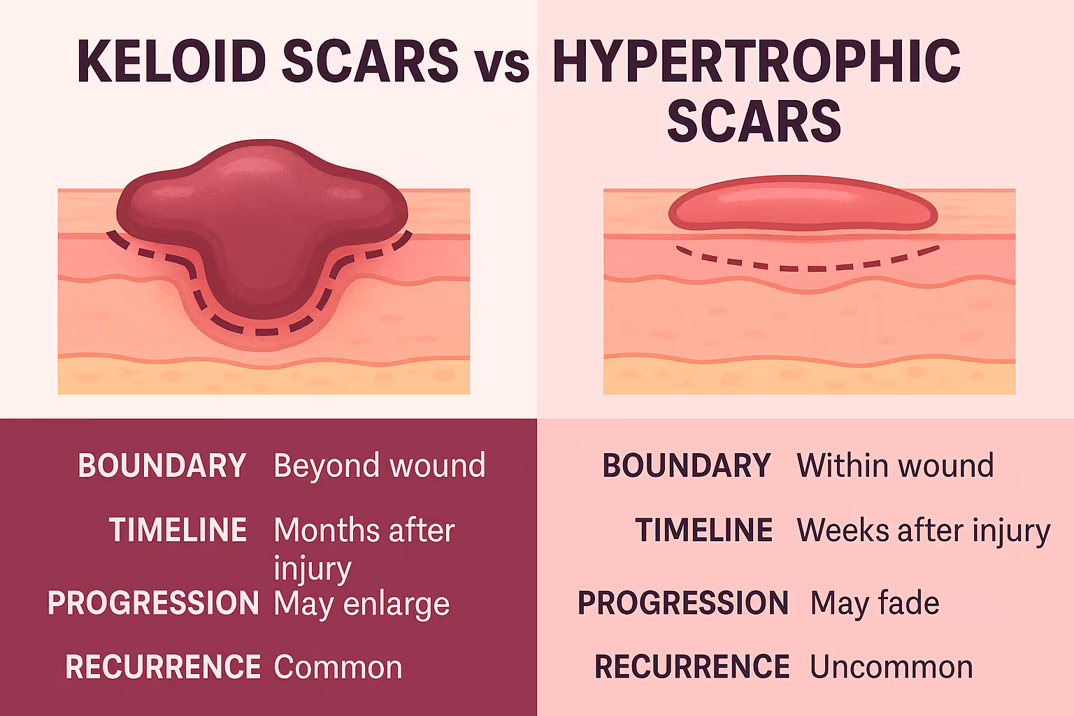 Comparison infographic in 1536x1024 landscape format titled "Keloid Scars vs Hypertrophic Scars". Split down the middle with two medical ill