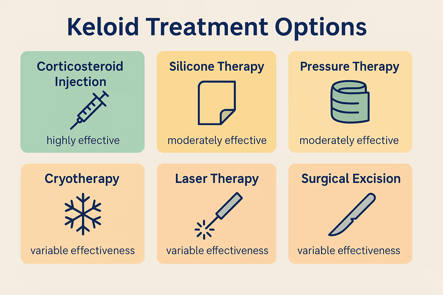 Treatment options infographic in 1536x1024 landscape format titled "Keloid Treatment Options". Six sections arranged in two rows of three: c