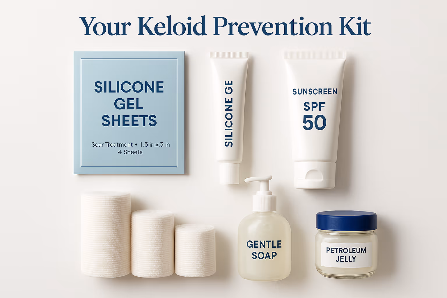 Create a 1024x1024 square image showing a clean, organized flat lay of keloid prevention supplies on white background. Include: silicone gel