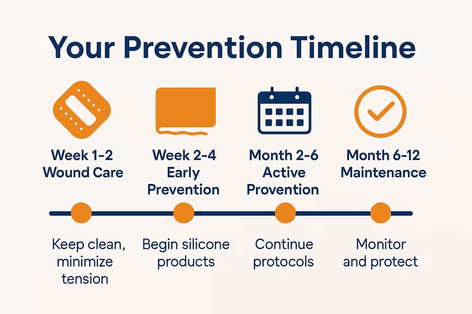 Create a 1536x1024 landscape timeline infographic titled "Your Prevention Timeline" in bold navy text at top. Horizontal timeline from left