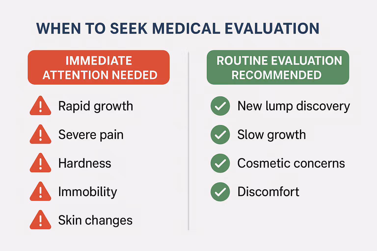 Landscape infographic (1536x1024) showing "When to Seek Medical Evaluation" with two sections: "Immediate Attention Needed" (red warning ico