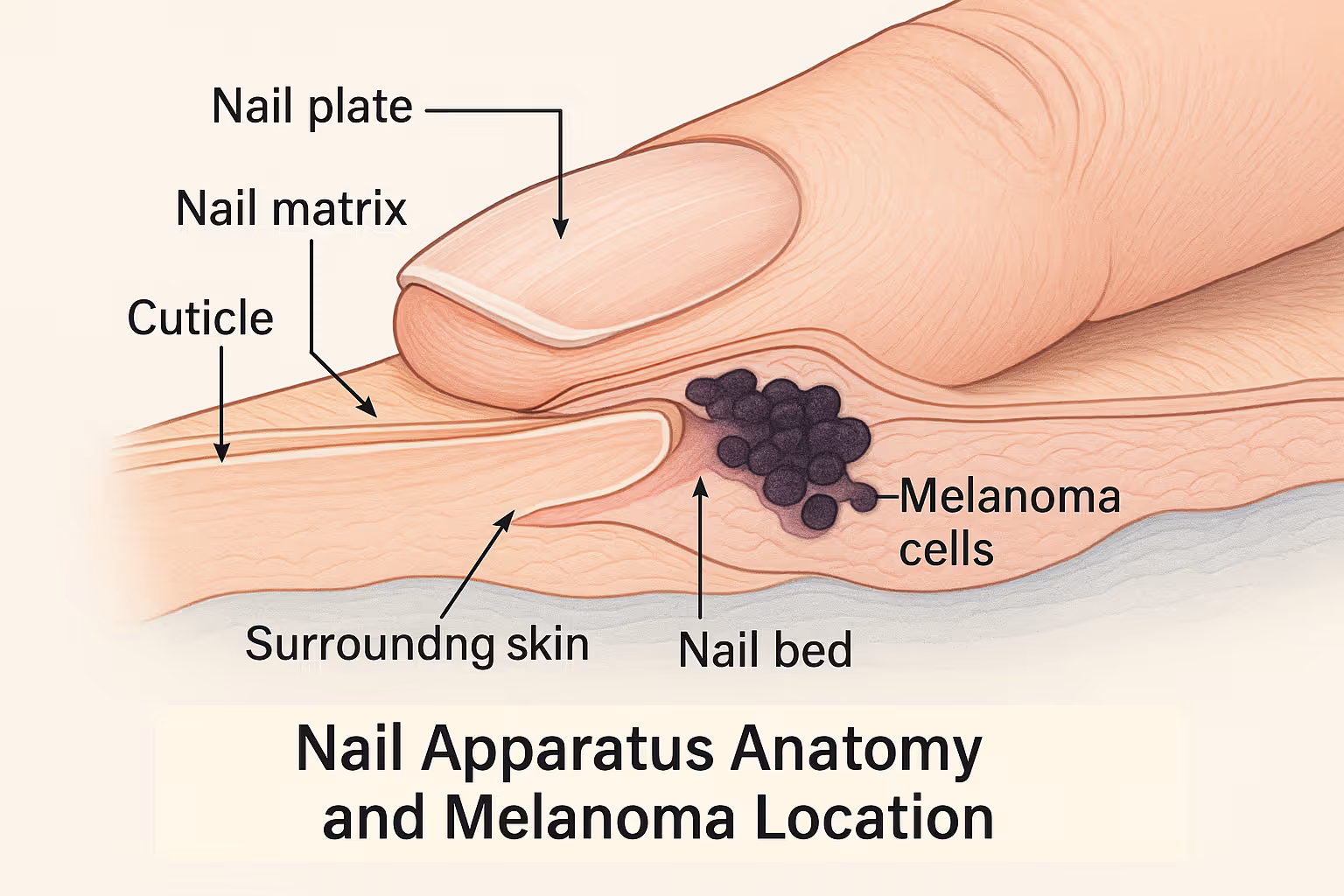 Medical illustration in 1024x1024 square format showing a detailed anatomical cross-section of a fingernail and nail apparatus. Clearly labe