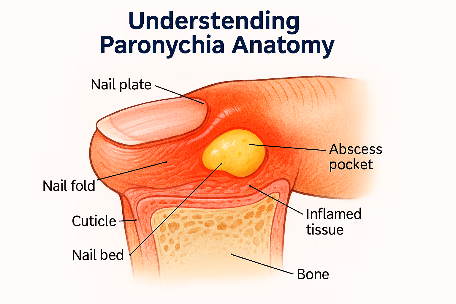 Medical illustration (1024x1024 square): Close-up anatomical cross-section diagram of a fingertip showing paronychia infection. Labels point