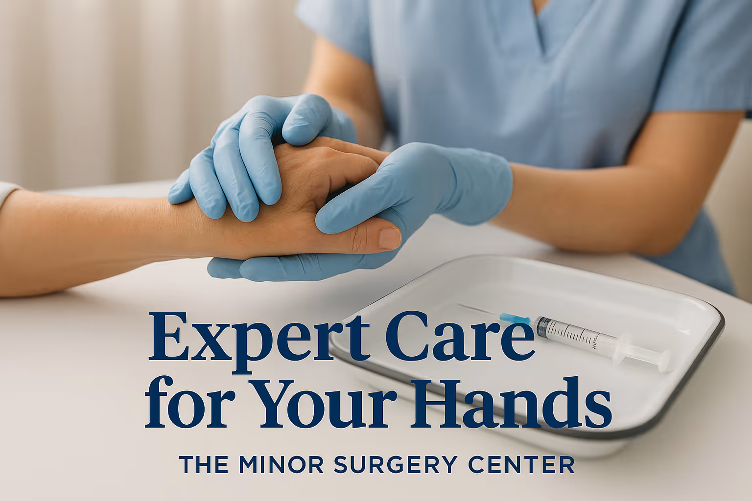 Square 1024x1024 illustration showing a peaceful, reassuring image of a healthcare provider's gloved hands gently holding a patient's hand, 