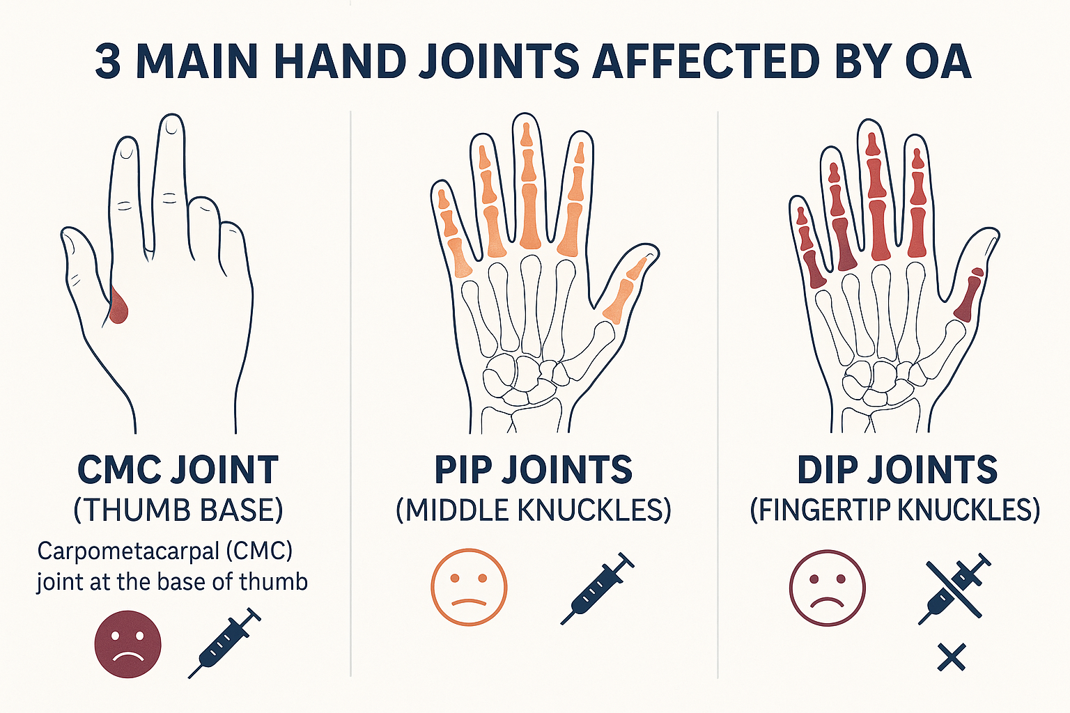 Infographic in 1536x1024 landscape format showing "3 Main Hand Joints Affected by OA" with clear anatomical illustrations. Left section: CMC