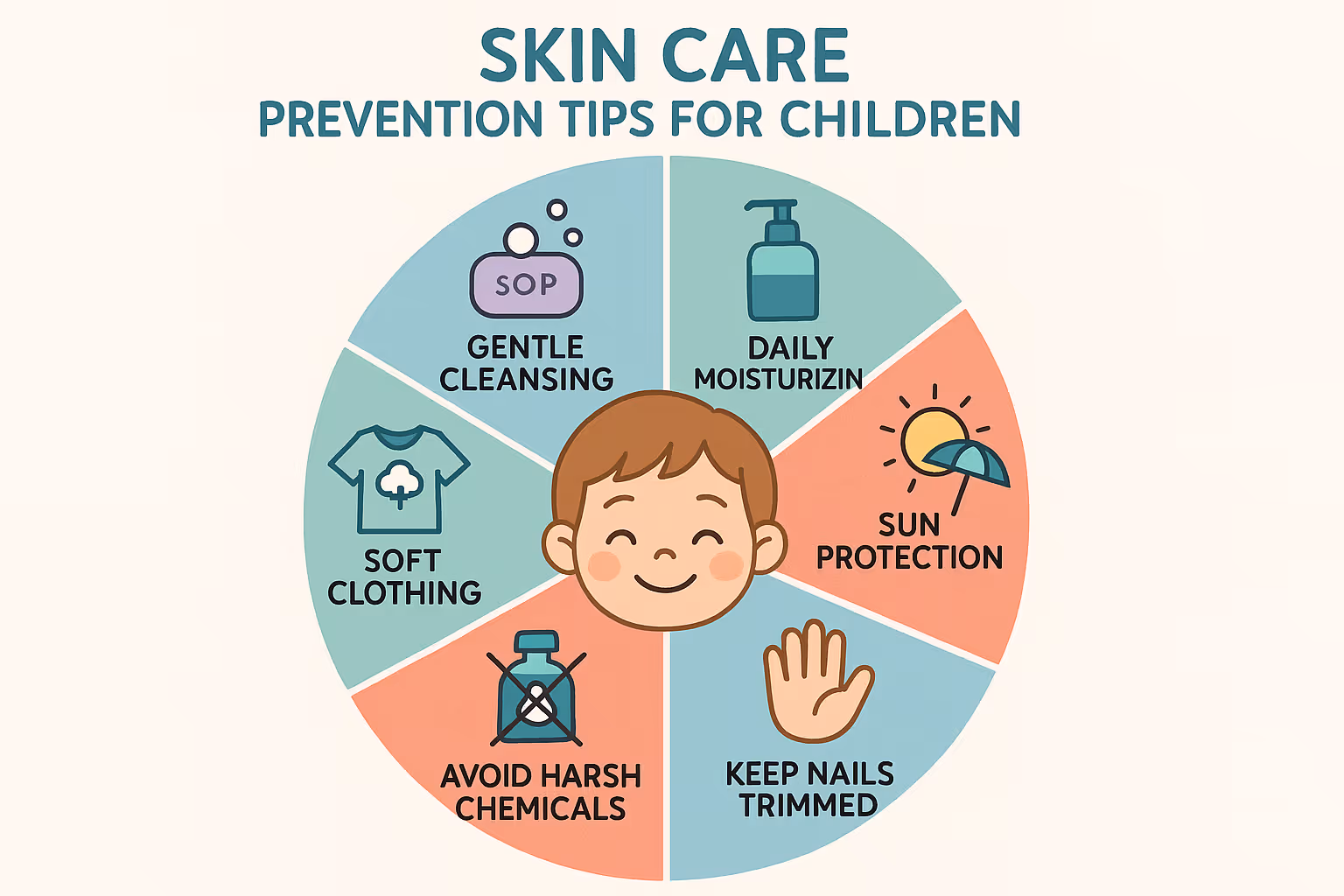 Infographic (1024x1024 square): "Skin Care Prevention Tips for Children" - A circular diagram with a child's smiling face in the center, sur