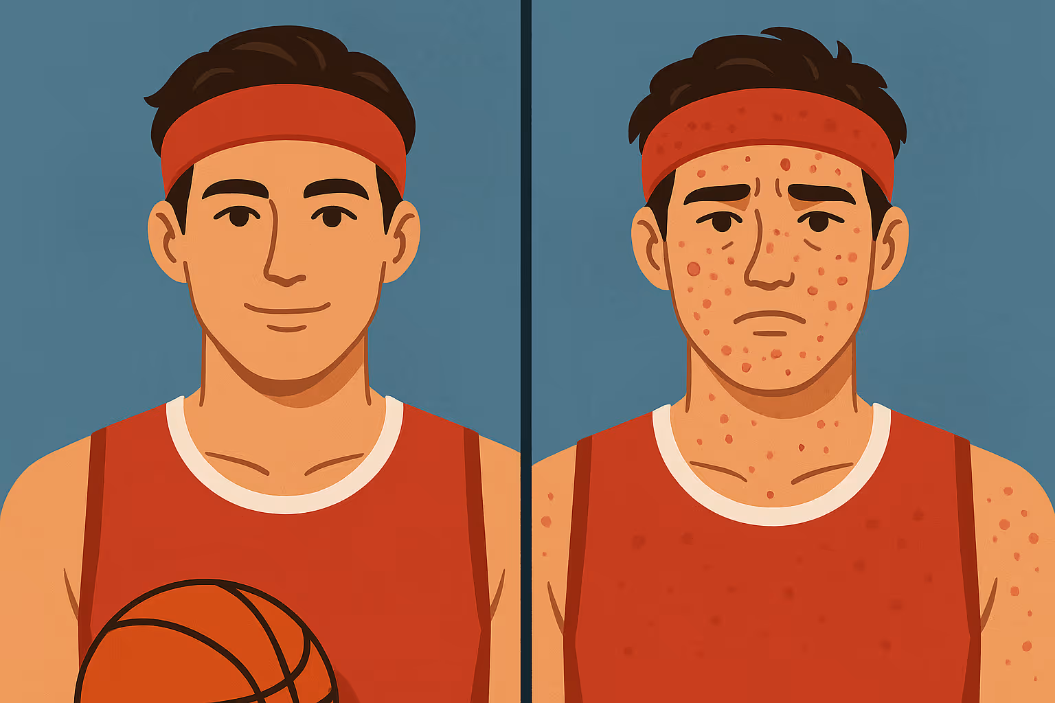 Split-screen comparison illustration showing two athletes - one following proper skin care protocols (healthy, clear skin) versus one with v