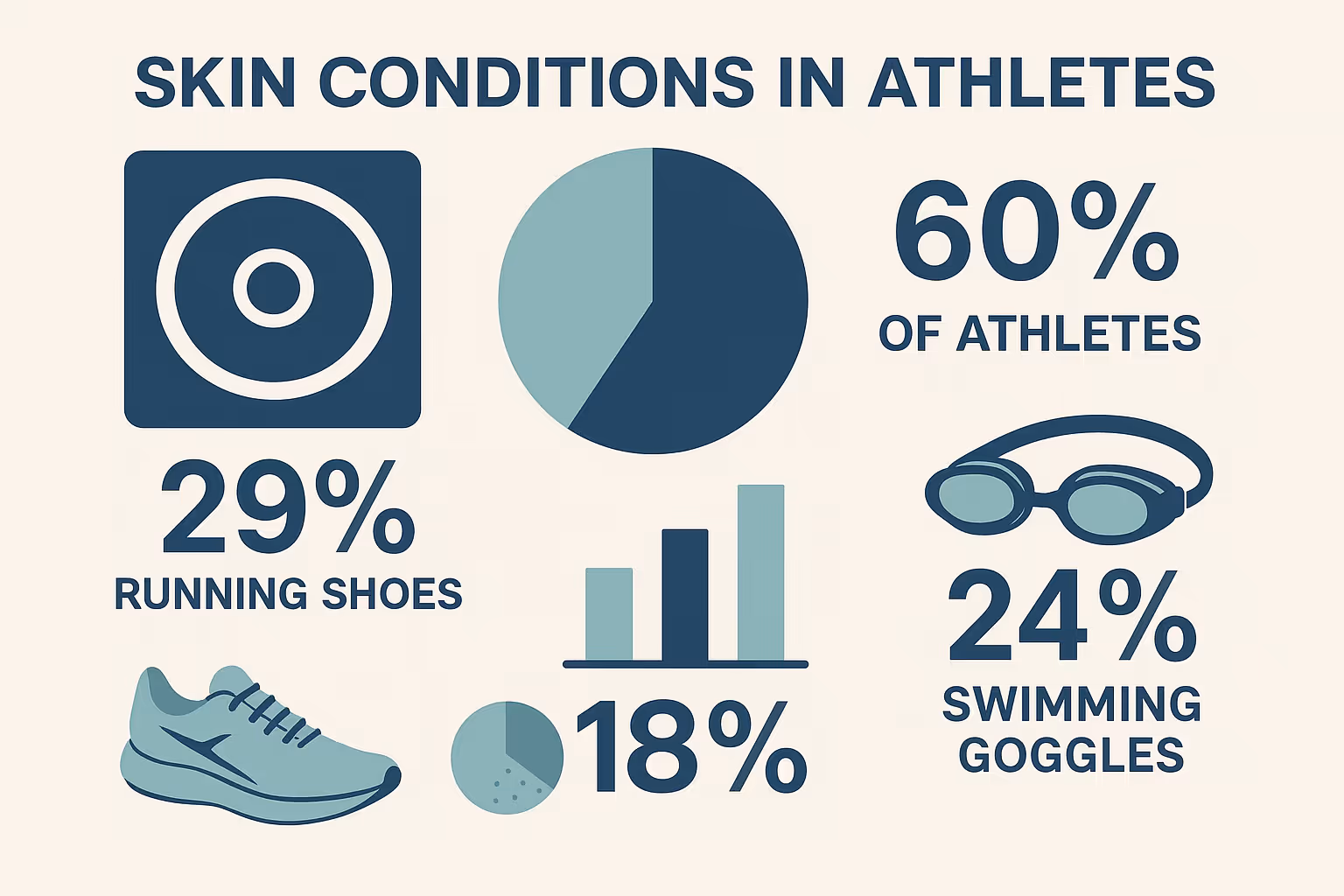Infographic-style illustration displaying statistics about skin conditions in athletes, featuring charts, percentages, and sport-specific ic
