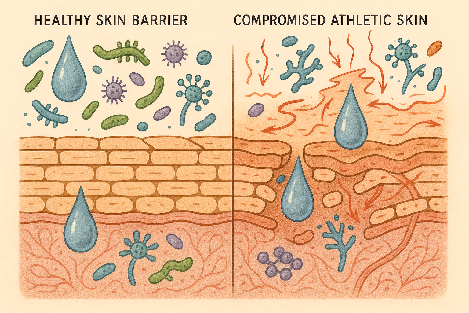 Close-up scientific illustration of athlete's skin showing the difference between healthy skin barrier and compromised athletic skin, with m