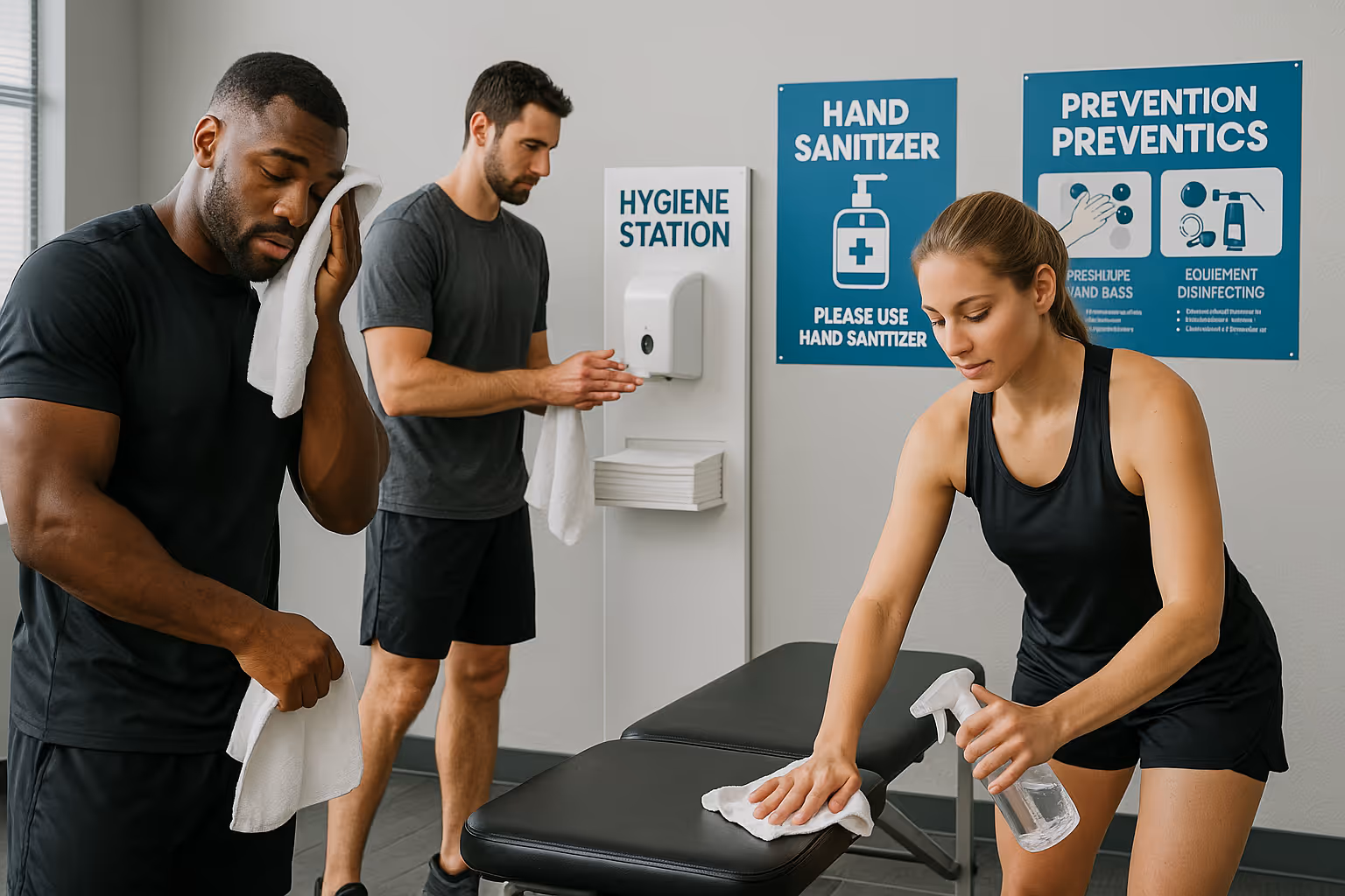 Modern sports medicine facility scene showing proper hygiene protocols - athletes using individual towels, sanitizing equipment, and followi