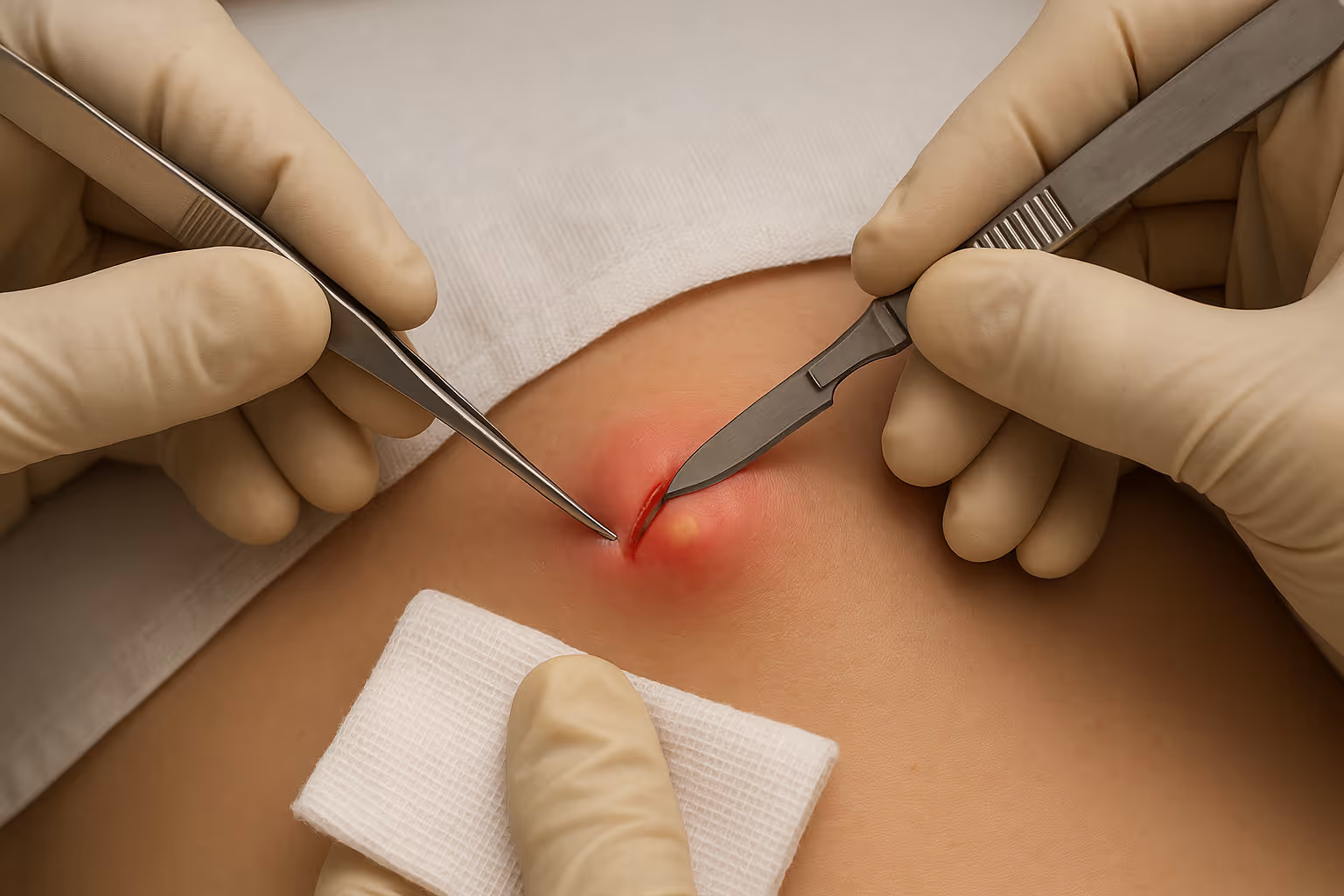 Clinical photograph showing proper incision and drainage technique being performed on a subcutaneous cyst, with sterile medical instruments 
