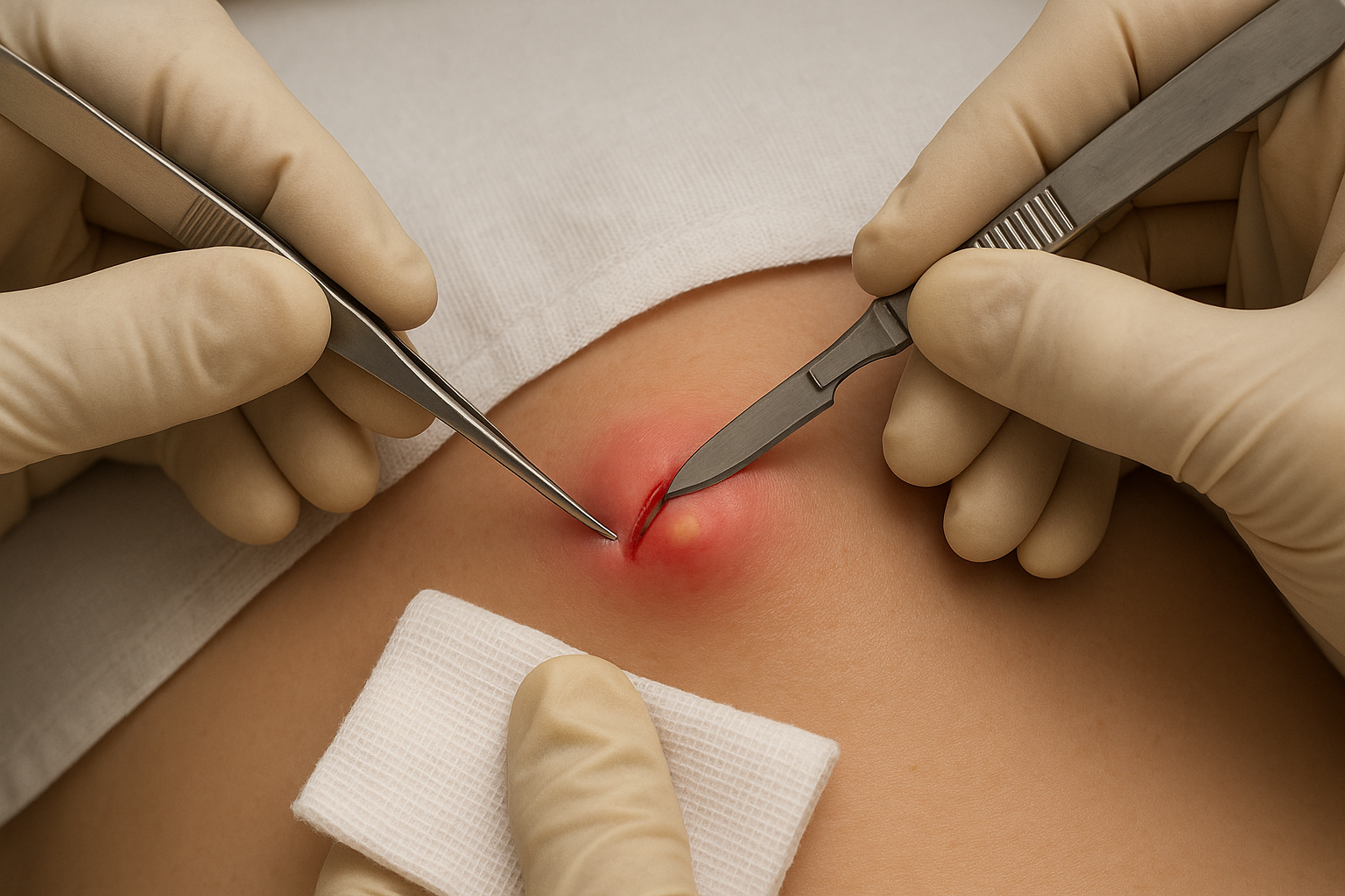 Clinical photograph showing proper incision and drainage technique being performed on a subcutaneous cyst, with sterile medical instruments 
