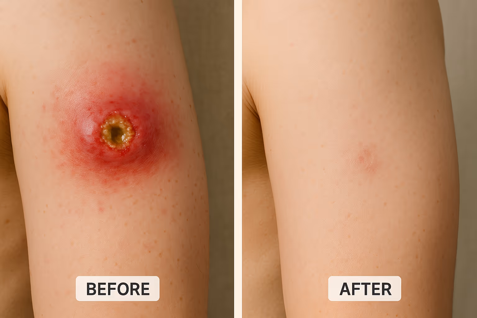Before and after healing progression photos showing infected cyst treatment outcomes over time, displaying stages from initial infection thr