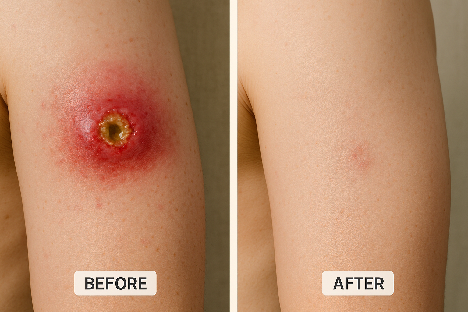 Before and after healing progression photos showing infected cyst treatment outcomes over time, displaying stages from initial infection thr