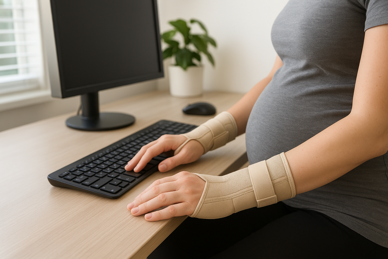 Demonstration photo of proper wrist splinting technique for pregnant women, showing hands wearing neutral position splints, ergonomic worksp