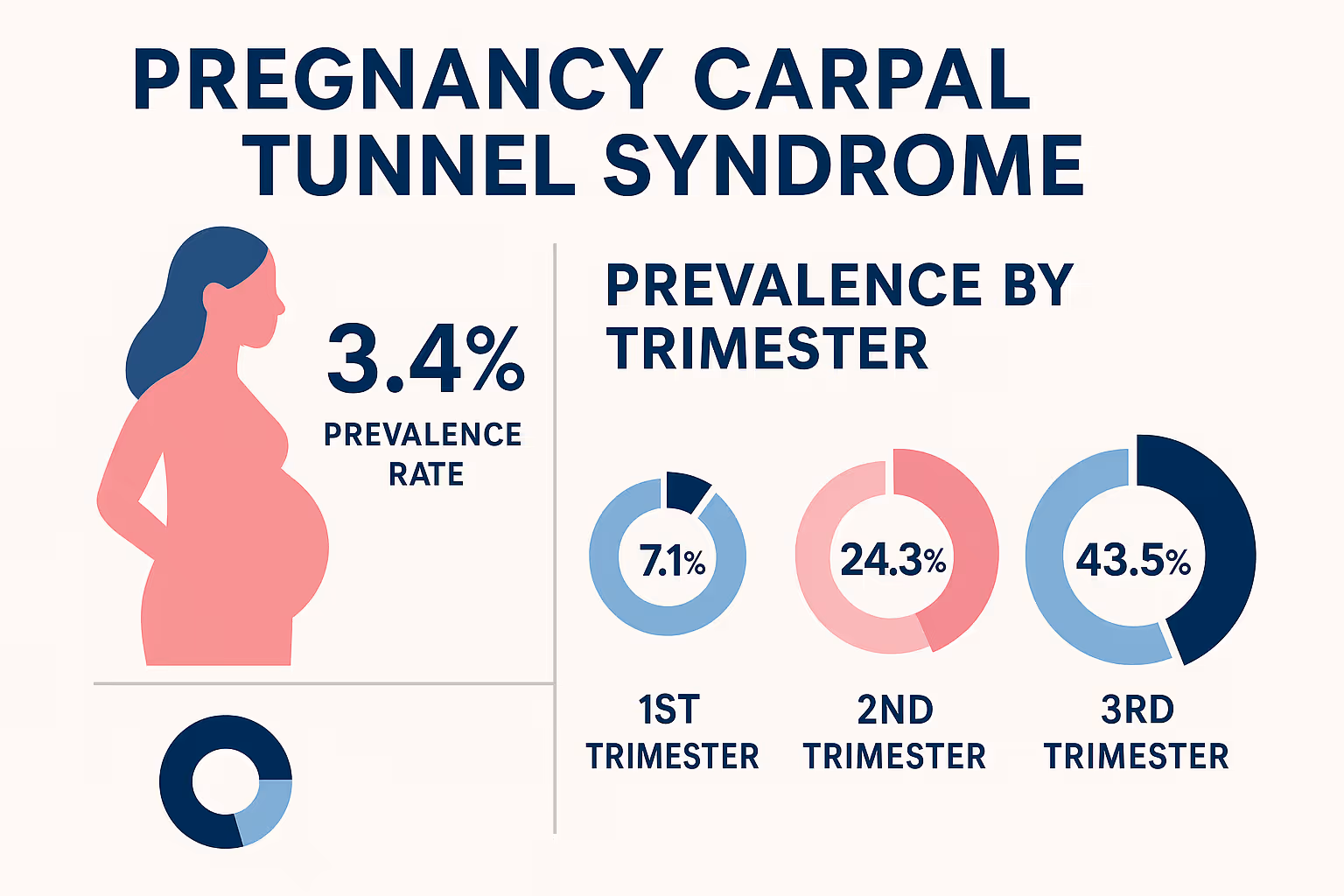 Infographic-style illustration displaying pregnancy carpal tunnel syndrome statistics and prevalence rates across trimesters, clean modern d