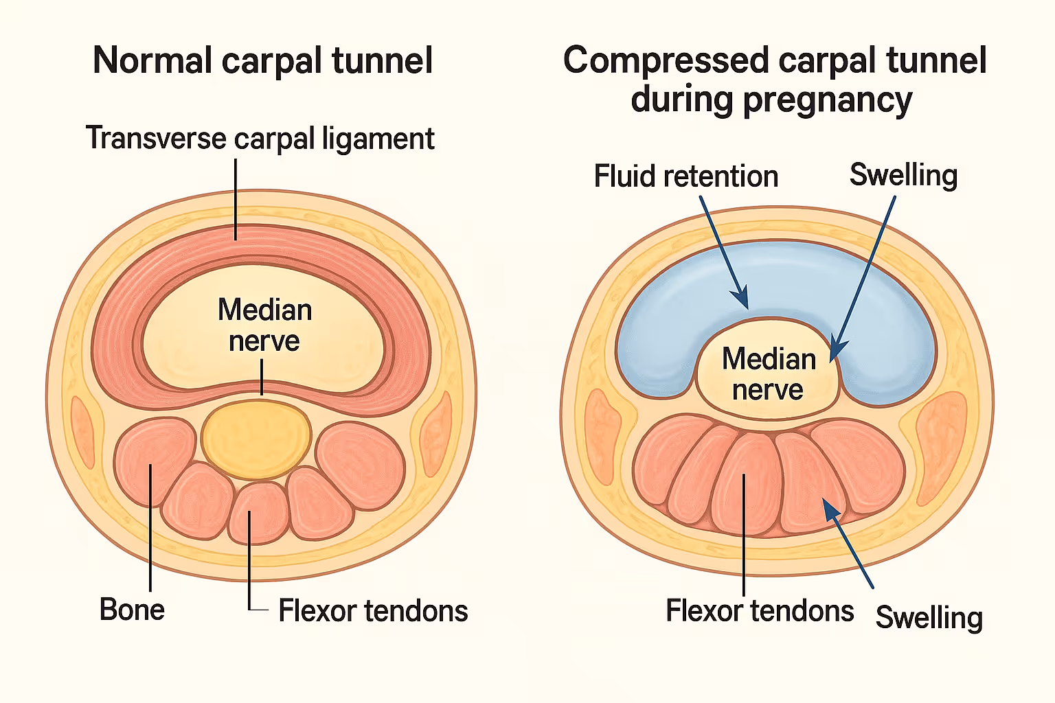 Cross-sectional anatomical diagram comparing normal carpal tunnel versus compressed carpal tunnel during pregnancy, showing fluid retention 