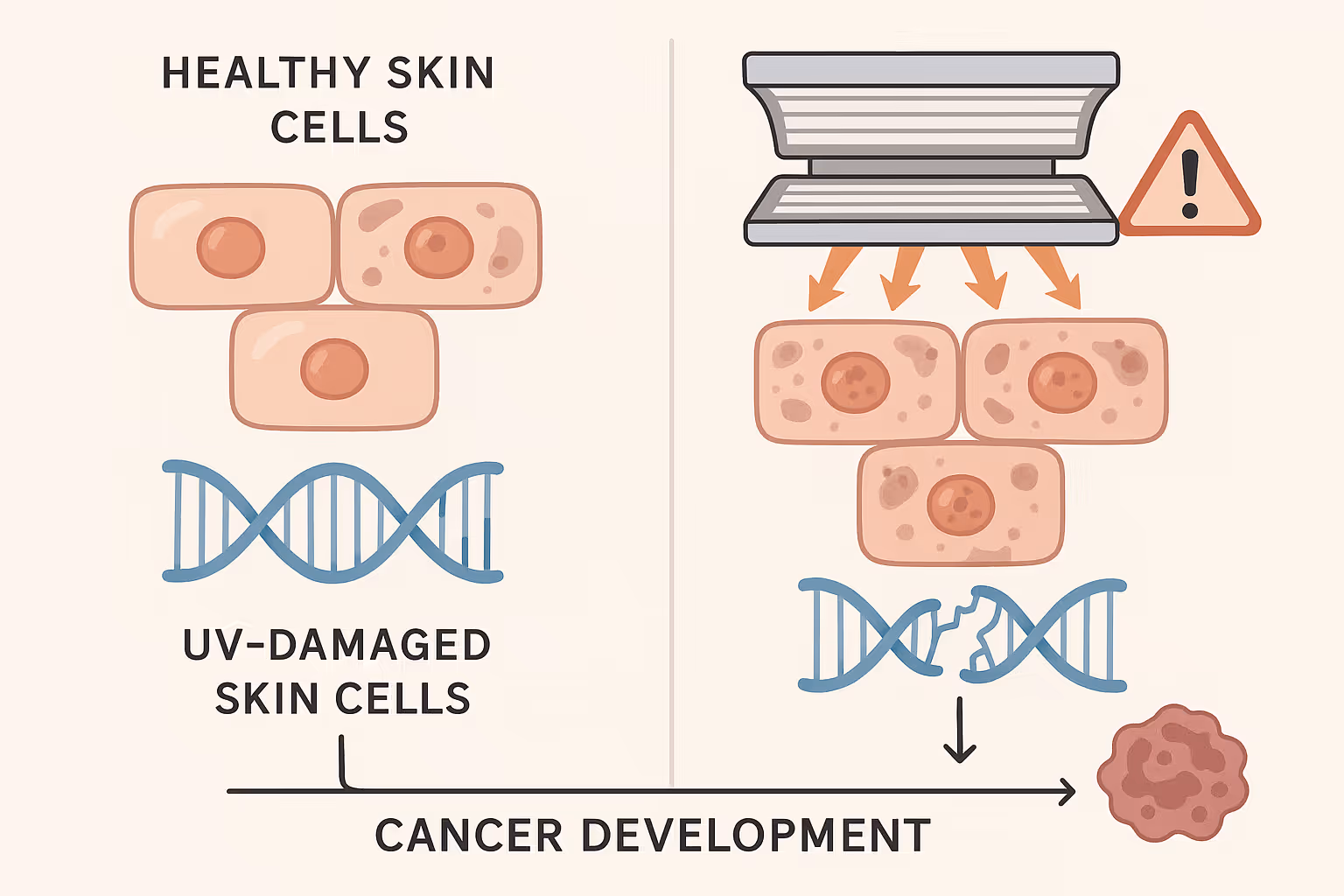 Professional medical infographic showing a split comparison between healthy skin cells and UV-damaged skin cells from tanning beds, with DNA