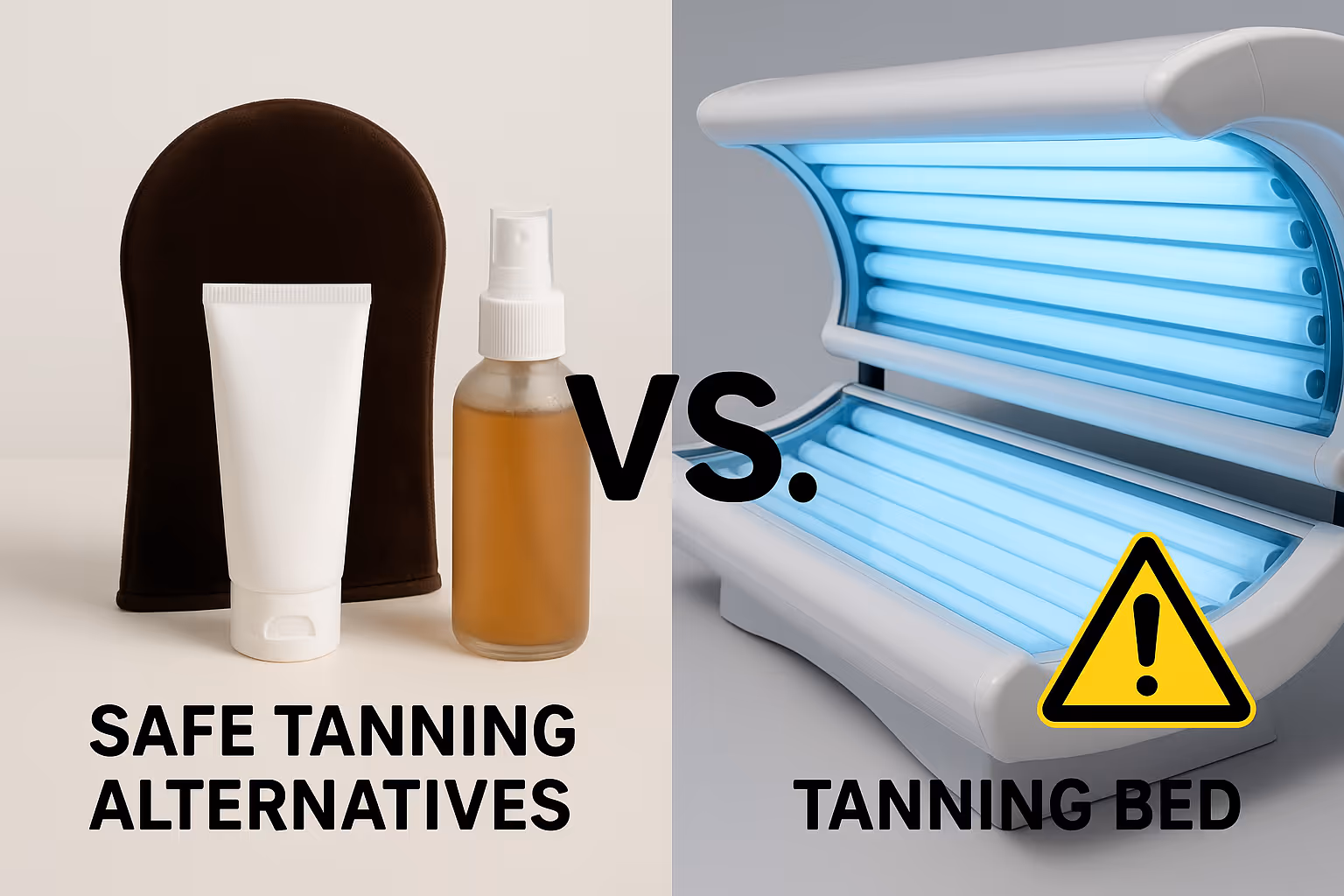 Side-by-side comparison showing safe tanning alternatives (sunless tanning products, spray tan) versus dangerous tanning bed with warning sy