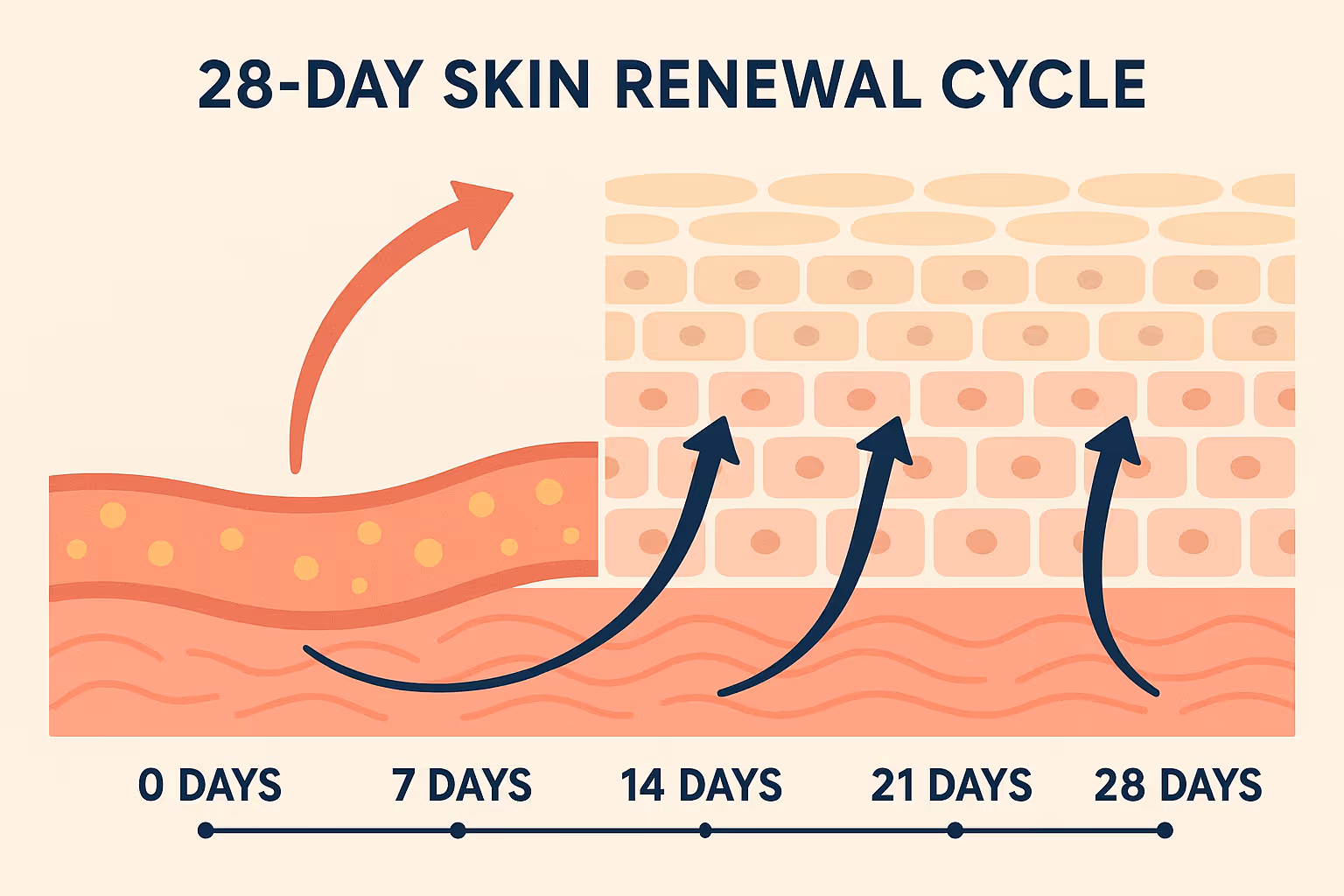 An infographic-style illustration showing the 28-day skin renewal cycle with arrows and timeline markers, depicting how nutrients travel thr