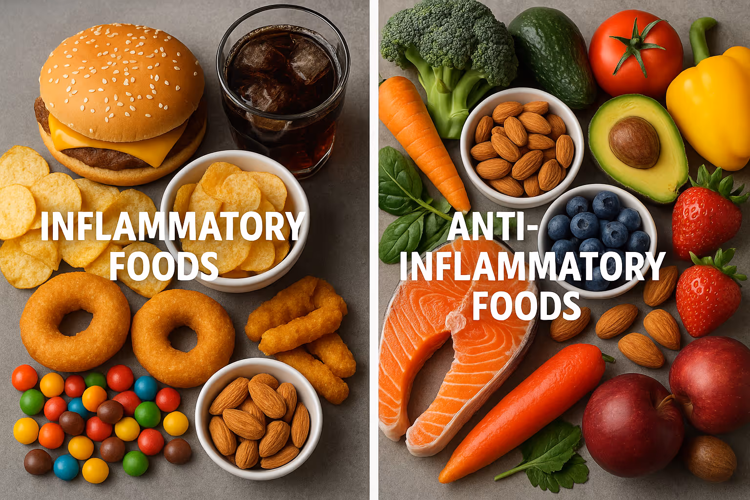 A split-screen comparison showing inflammatory foods (processed snacks, sugary drinks, fried foods) on one side and anti-inflammatory foods 