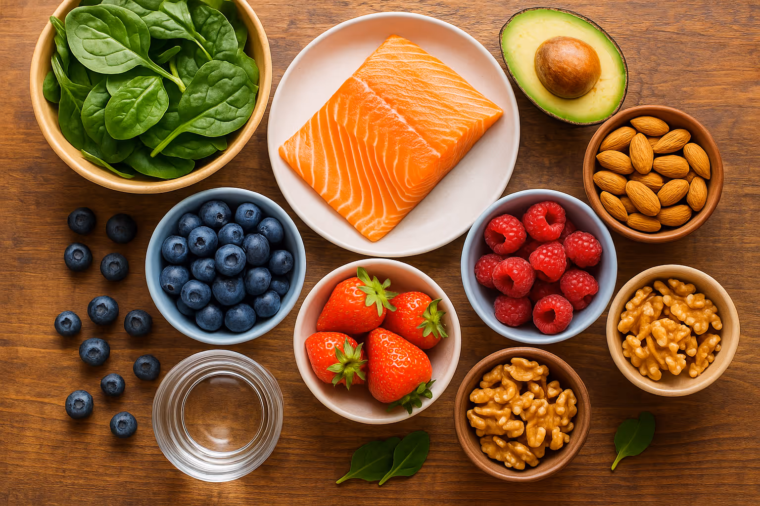 A vibrant, overhead shot of a wooden table filled with colorful skin-healthy foods including salmon, berries, leafy greens, avocados, nuts, 