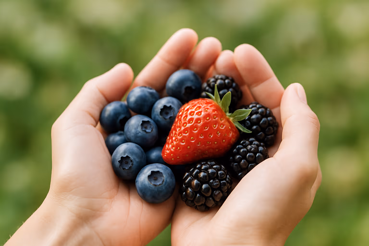 A close-up of hands holding a variety of antioxidant-rich berries (blueberries, strawberries, blackberries) with a soft, natural background,