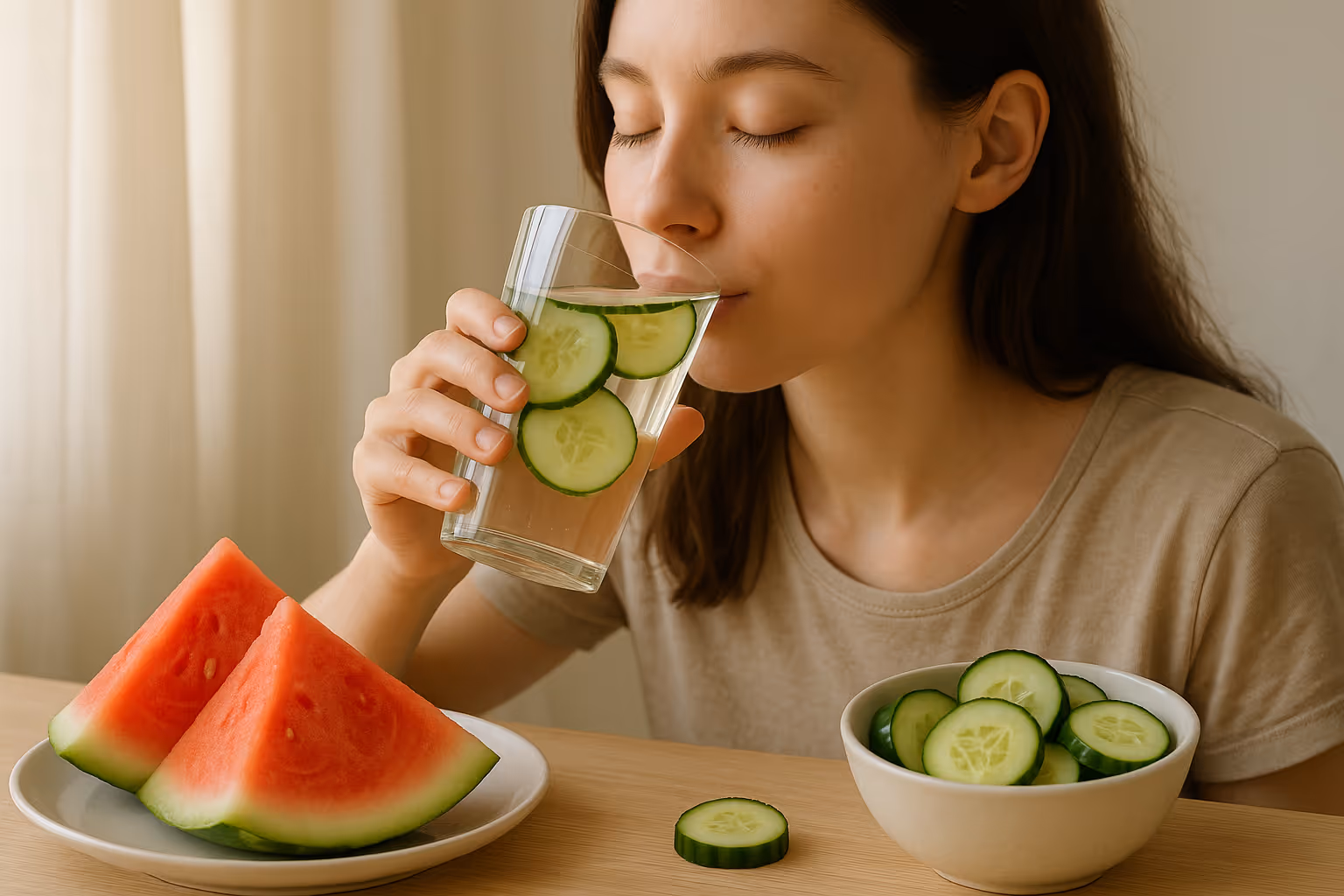 A peaceful scene of someone drinking water from a clear glass with cucumber slices, surrounded by hydrating foods like watermelon and cucumb