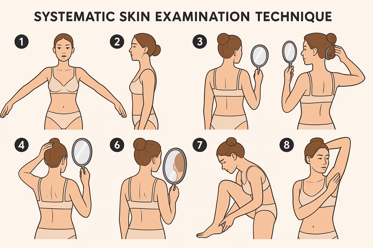 Step-by-step visual guide showing systematic skin examination technique, featuring numbered body positions and mirror placements for checkin