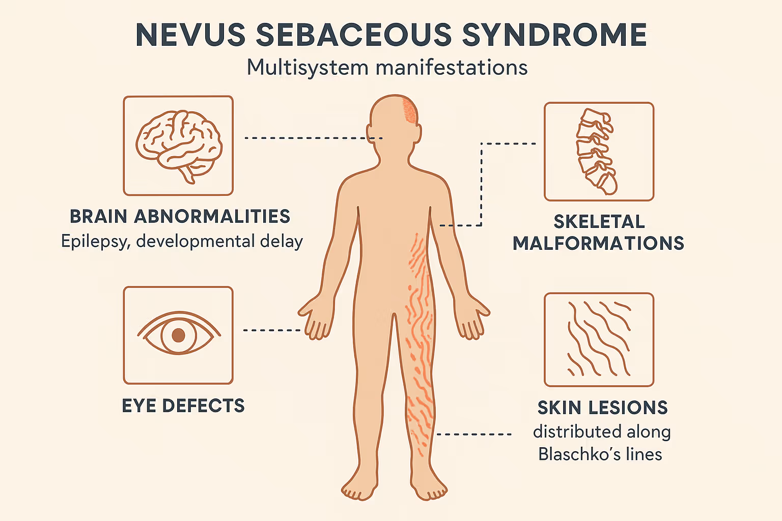 Medical infographic showing the multisystem manifestations of nevus sebaceous syndrome, including brain abnormalities, eye defects, skeletal