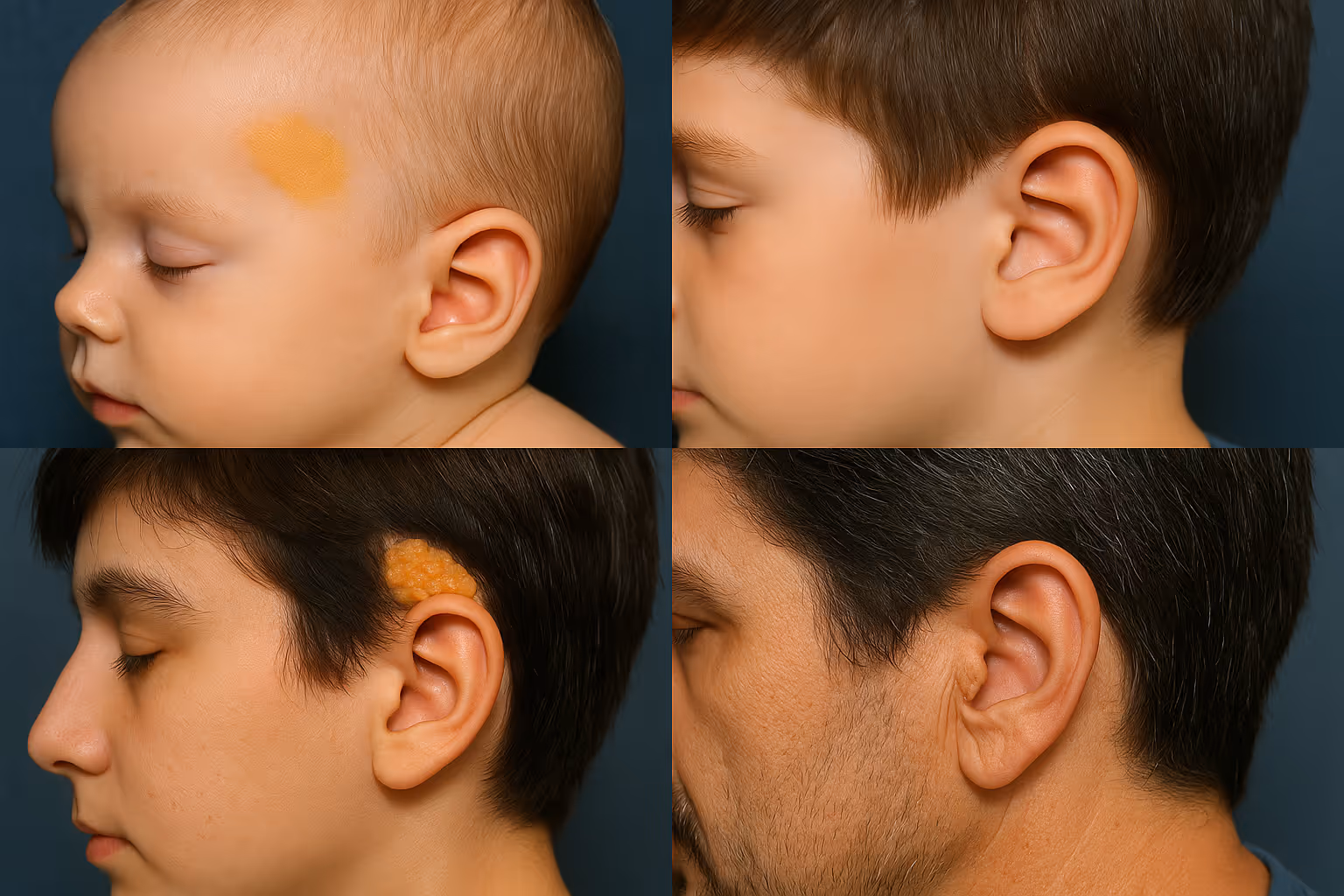 Clinical photograph series showing the evolution of nevus sebaceous from infancy through adulthood, displaying the characteristic yellow-ora