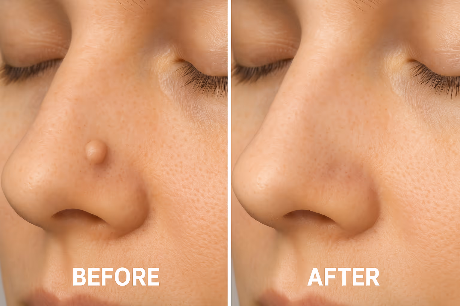 Before and after comparison photos showing a small flesh-colored dome-shaped bump on the side of a nose (before) and the same area after pro