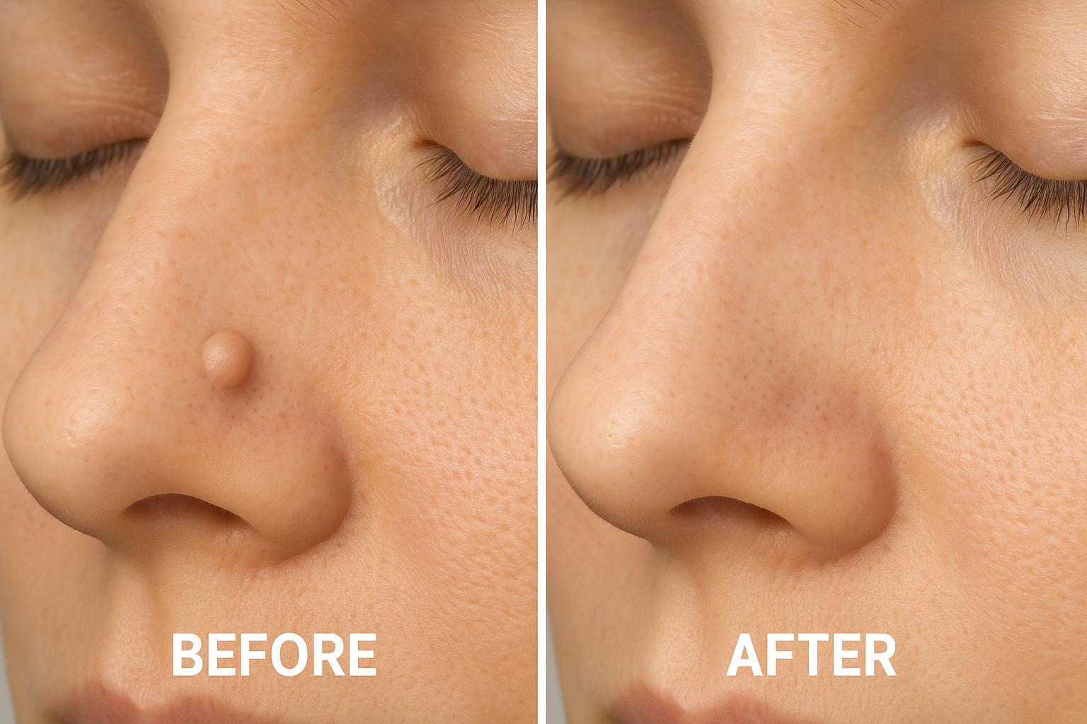 Before and after comparison photos showing a small flesh-colored dome-shaped bump on the side of a nose (before) and the same area after pro
