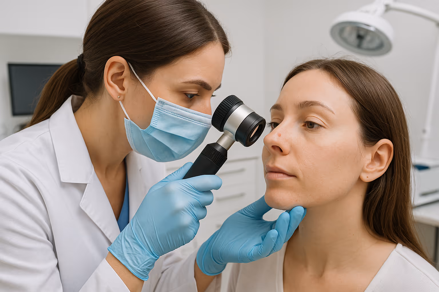 Medical professional using a dermoscope to examine a small bump on a patient's nose in a clean, modern dermatology office setting with profe