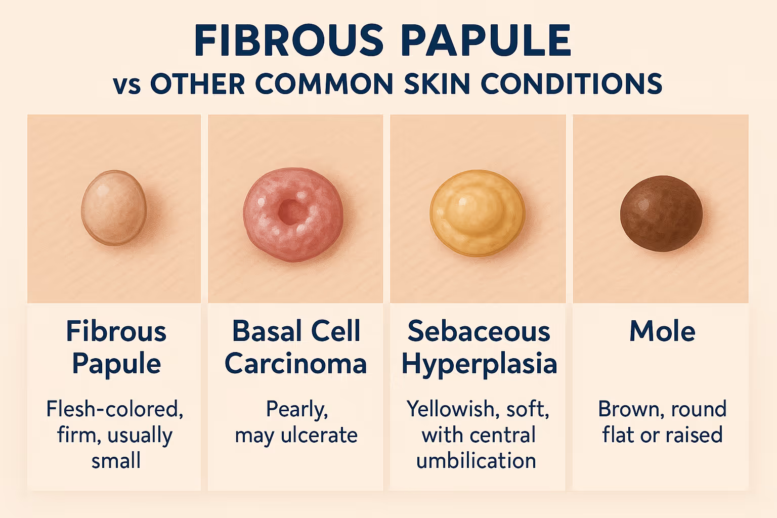 Infographic-style illustration comparing fibrous papule characteristics to other common skin conditions like basal cell carcinoma, sebaceous