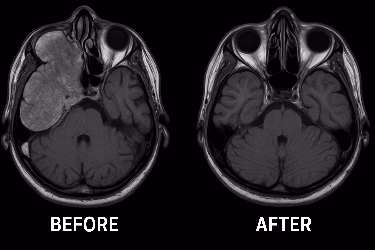 Before and after comparison images showing MRI scans of a patient with angiofibroma - the first image showing the tumor mass, and the second