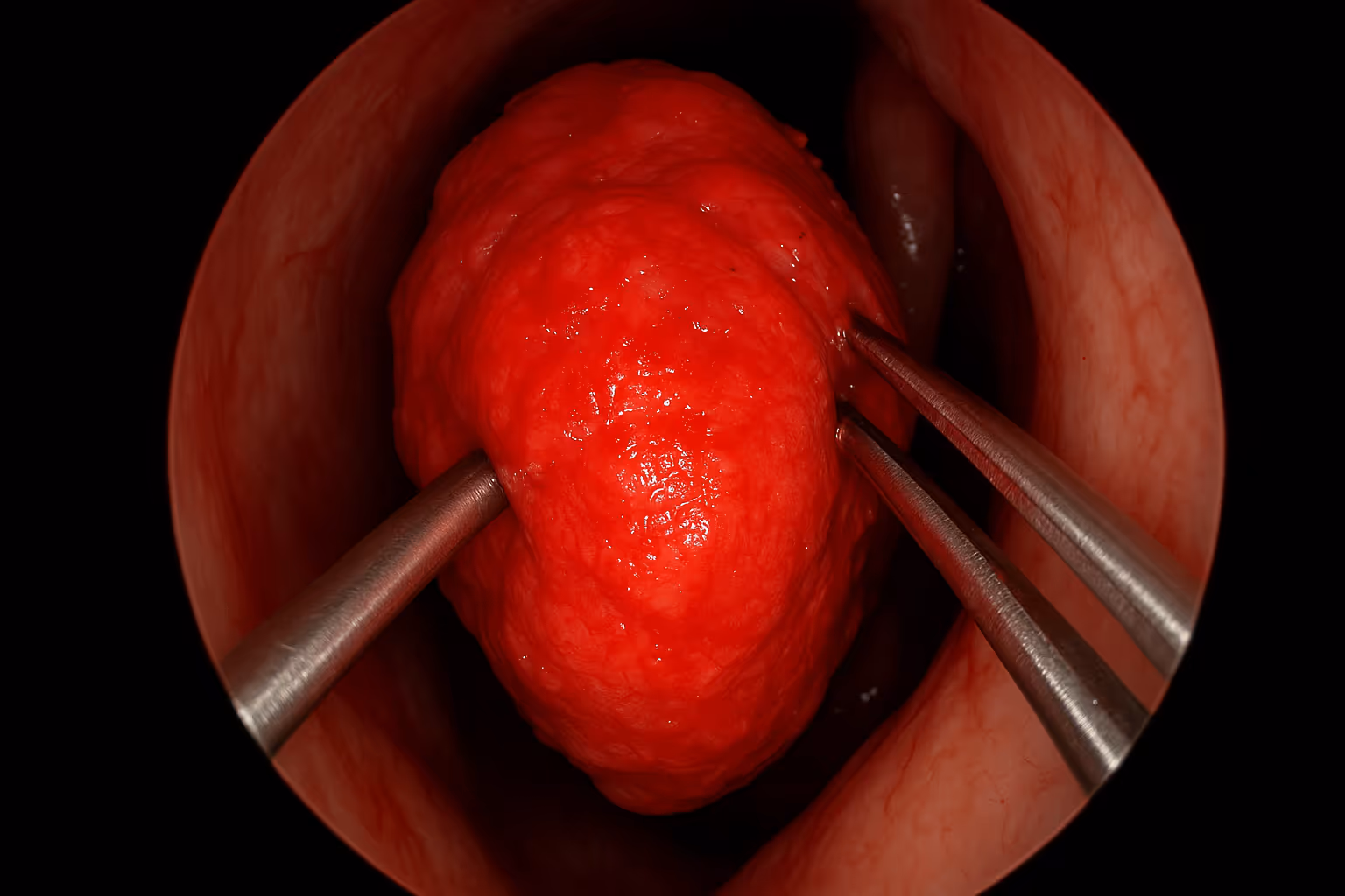 Clinical photograph showing endoscopic view of angiofibroma during surgical removal, with surgical instruments visible and the highly vascul