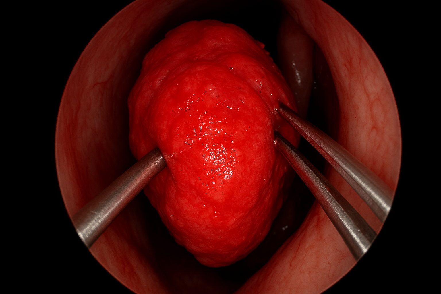Clinical photograph showing endoscopic view of angiofibroma during surgical removal, with surgical instruments visible and the highly vascul