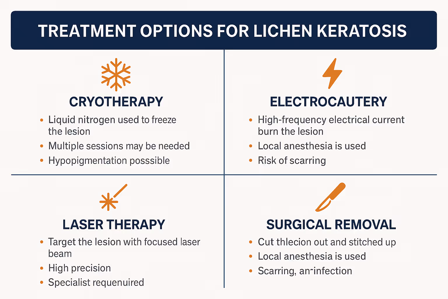 1536x1024 landscape infographic titled "Treatment Options for Lichen Keratosis" showing four treatment methods in a grid layout. Top row: "C