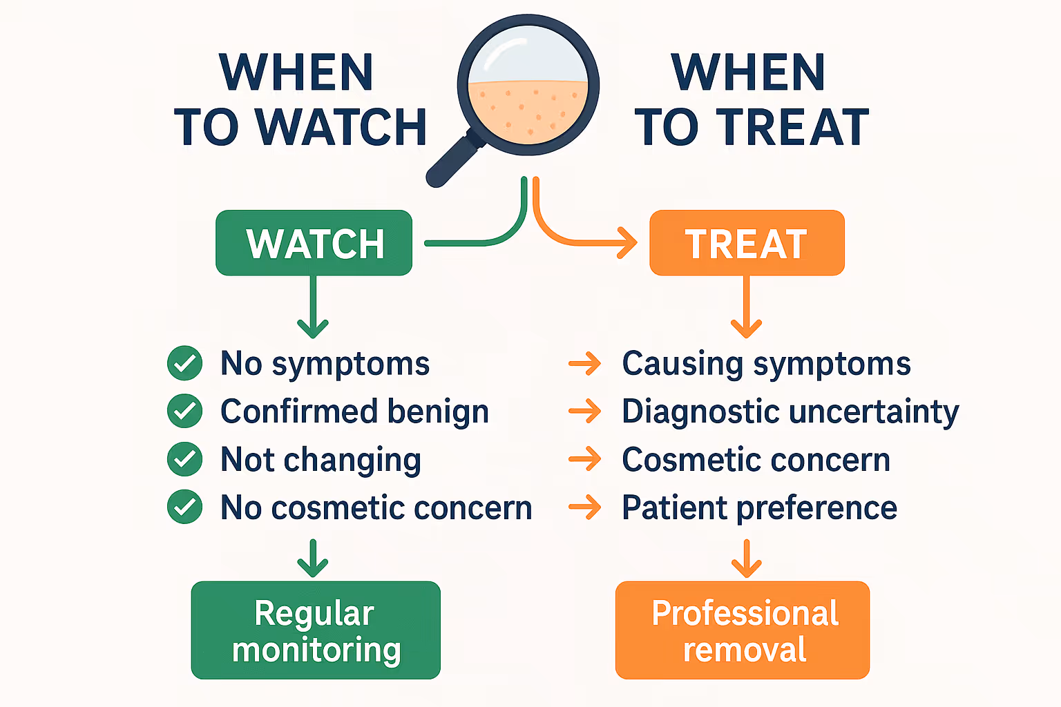 1024x1024 square format showing "When to Watch vs. When to Treat" decision flowchart. Top section shows a magnifying glass over skin. Two cl