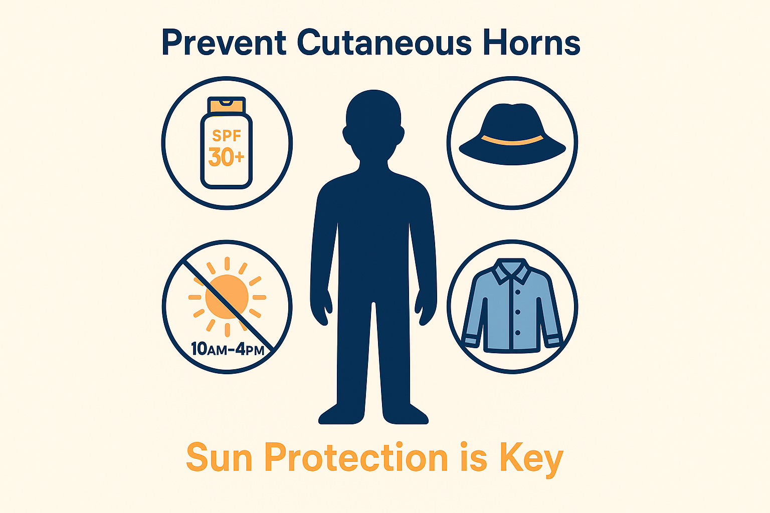 1024x1024 square format A clean, modern illustration showing sun protection methods for preventing cutaneous horns. Center the image around 
