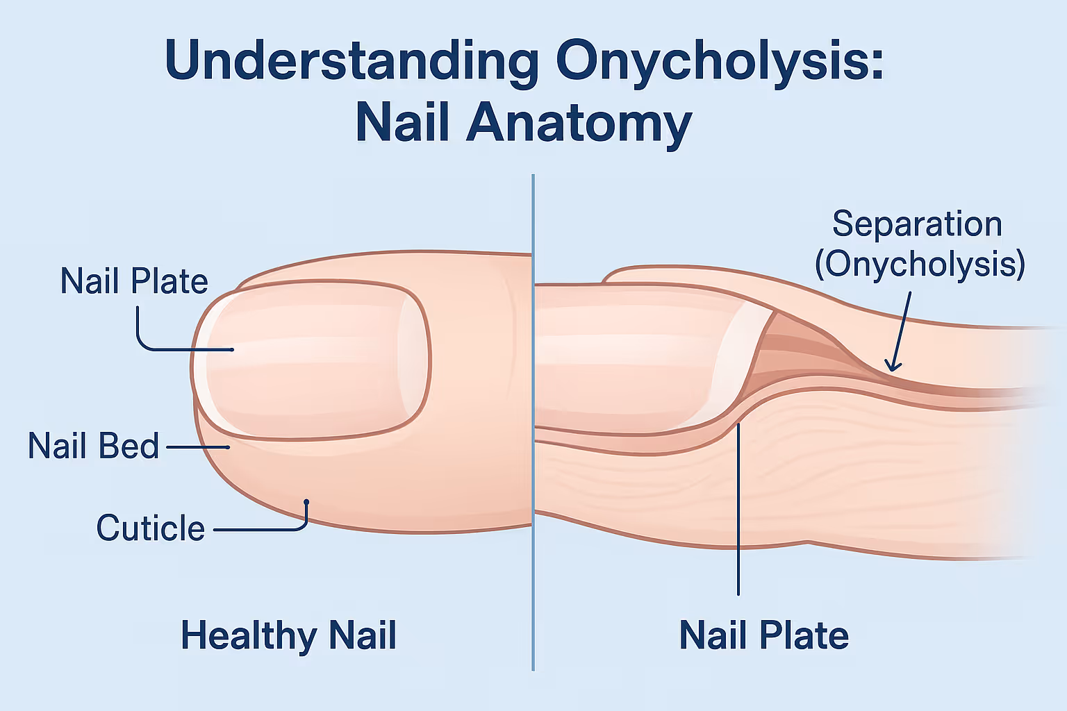 Create a 1536x1024 landscape infographic showing the anatomy of a healthy nail versus a nail with onycholysis. Split the image vertically - 