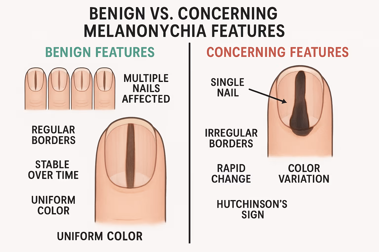 Comparison illustration in 1024x1024 square format showing "Benign vs. Concerning Melanonychia Features." Split vertically down the middle.