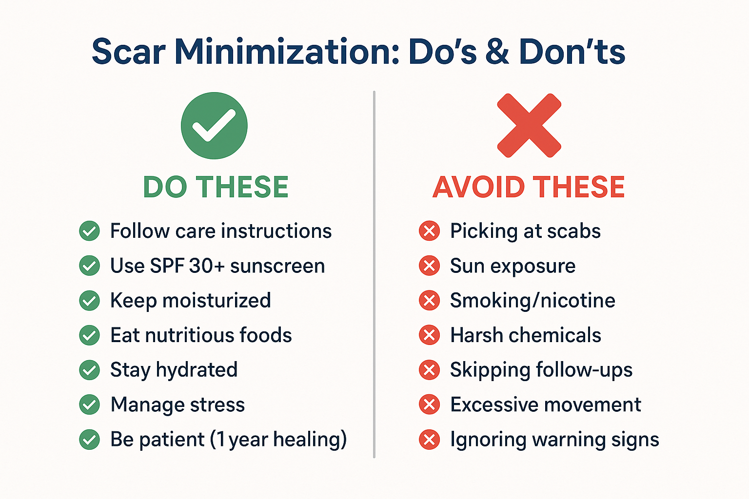 Professional landscape infographic (1536x1024) for section "Minimizing Scarring: What Really Works". Type: Two-column comparison with icons.